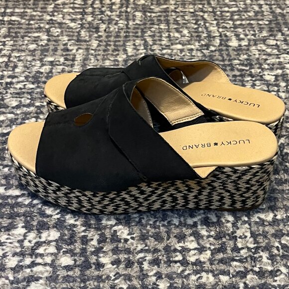 Lucky Brand Women's Sz 10 Genzy Black Leather Slip-On Espadrille Wedge Sandal - Picture 3 of 6